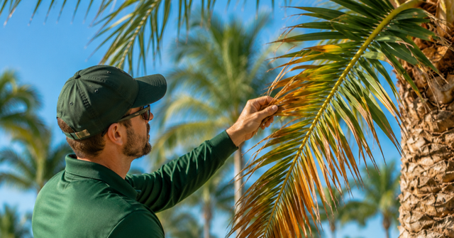 ISA Certified Arborist inspecting a Vero Beach palm tree for early signs of lethal bronzing disease