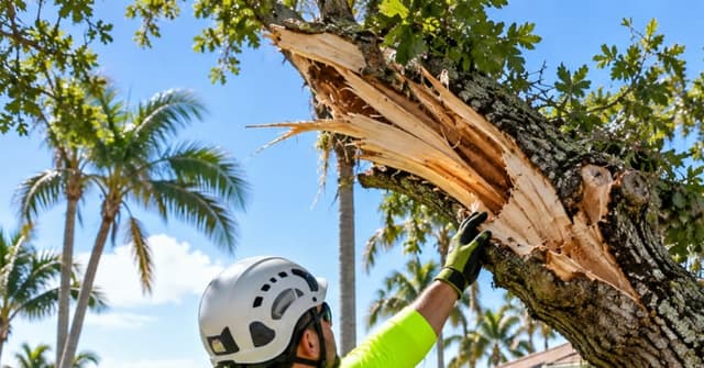 Treasure Coast arborist inspecting a storm-damaged tree in Vero Beach, FL