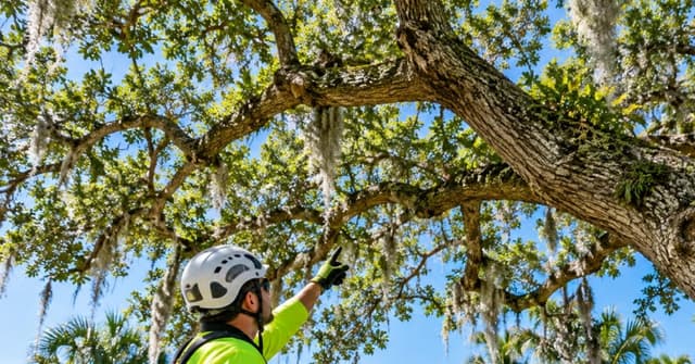 Arborist inspecting a live oak canopy before hurricane season in Vero Beach