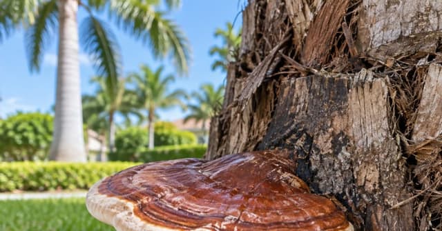 Hard, shelf-like Ganoderma conk growing from the lower trunk of a Florida palm